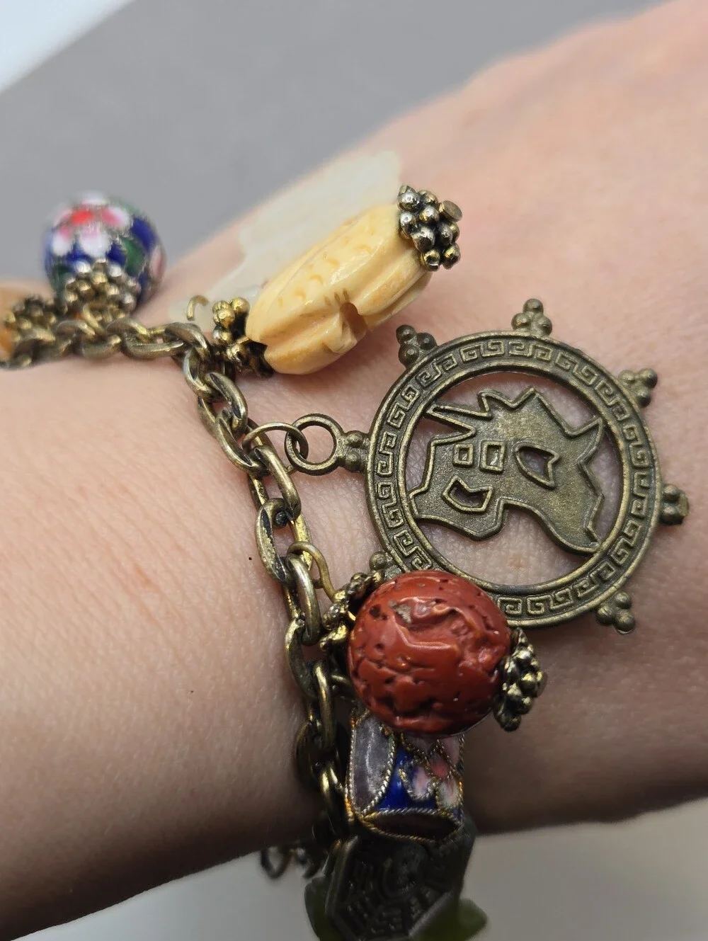 Vintage Green Brown Fairy Chinese charm bracelet 8" Chinoiserie Fish Cloisonne - Picture 7 of 10